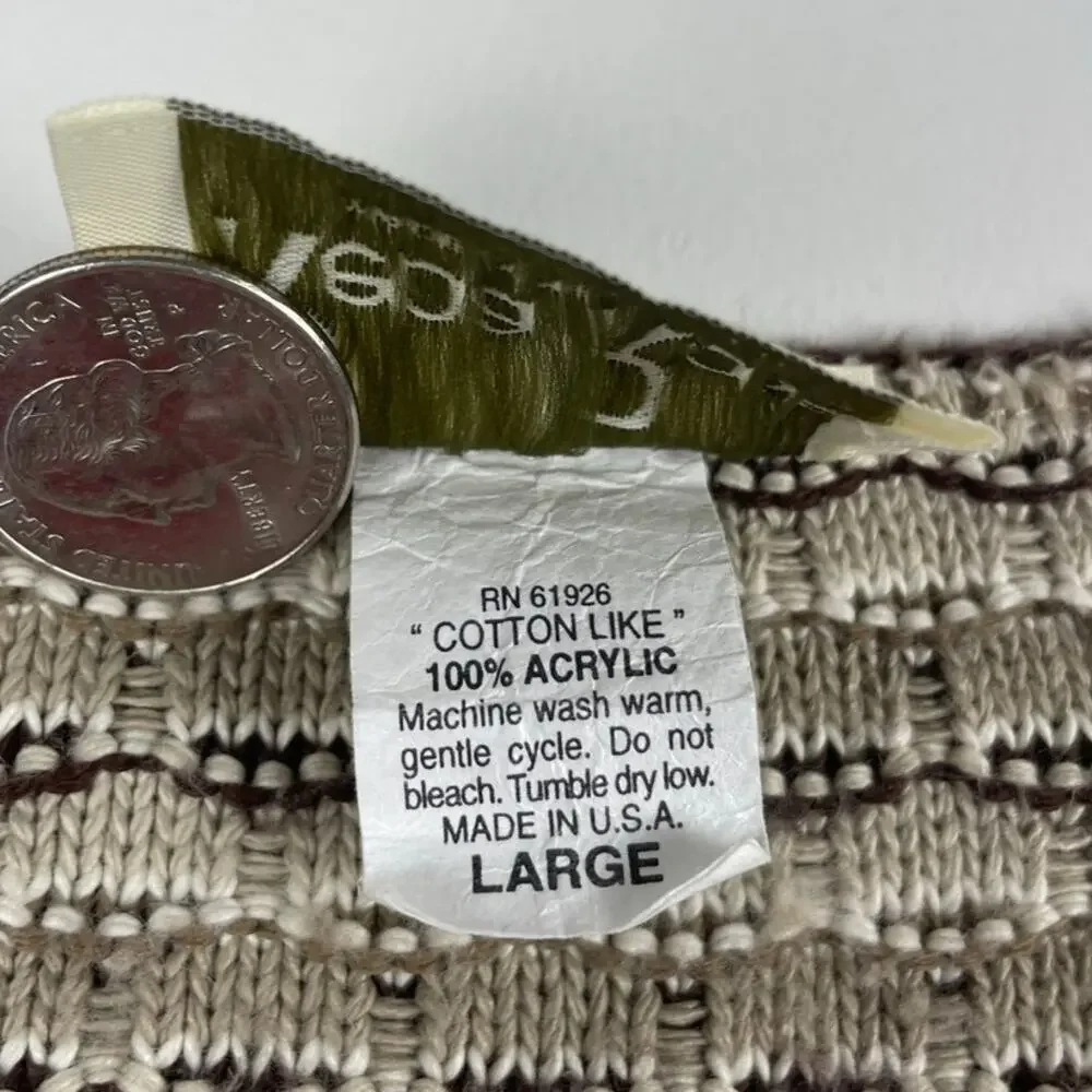 Vintage Knit Cream Brown Sweater Cardigan Button Up Made in New York Size Large